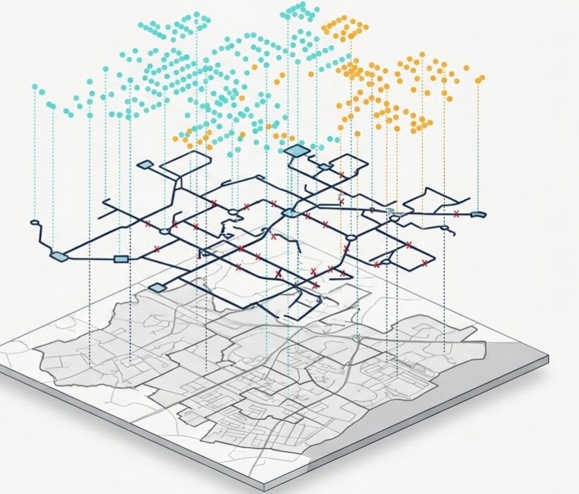 Layered GIS illustration linking district geography, network assets and spatial coverage