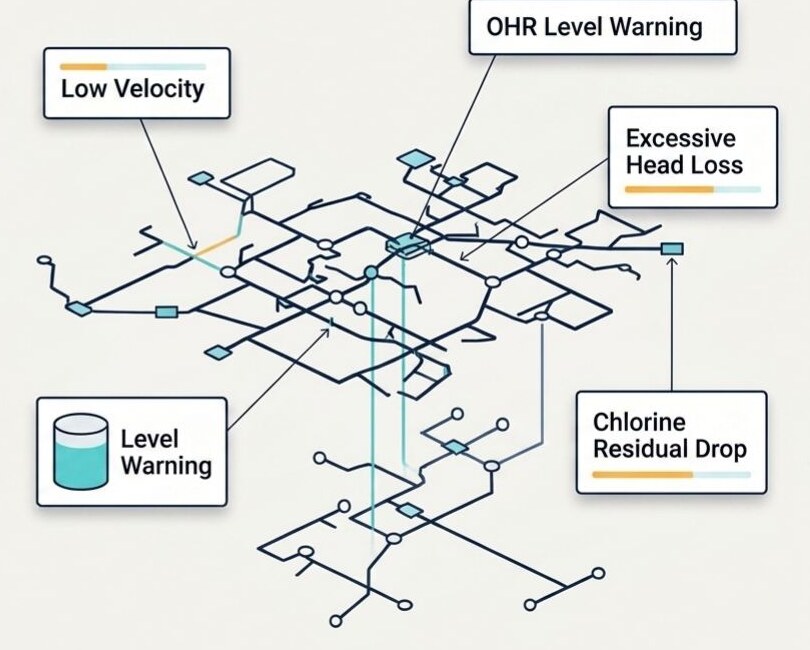 Hydraulic network diagnostics highlighting velocity, head loss, level and chlorine warnings