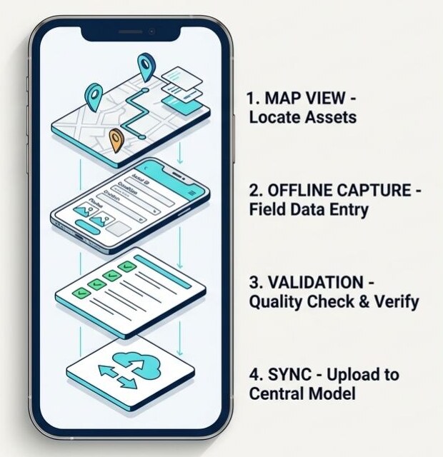 Four-stage mobile GIS workflow showing map view, offline capture, validation and central synchronisation